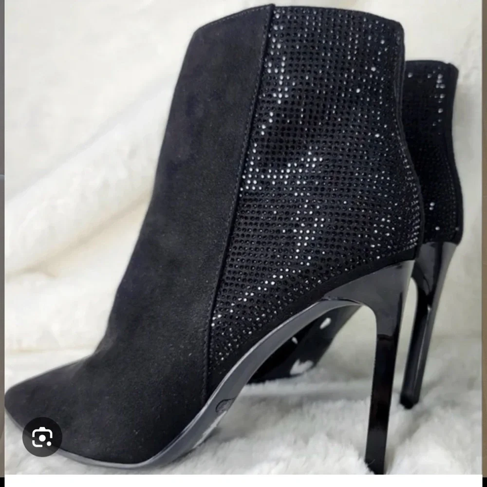 Nine West black faux suede and rhinestone ankle boots/booties, size 9.5